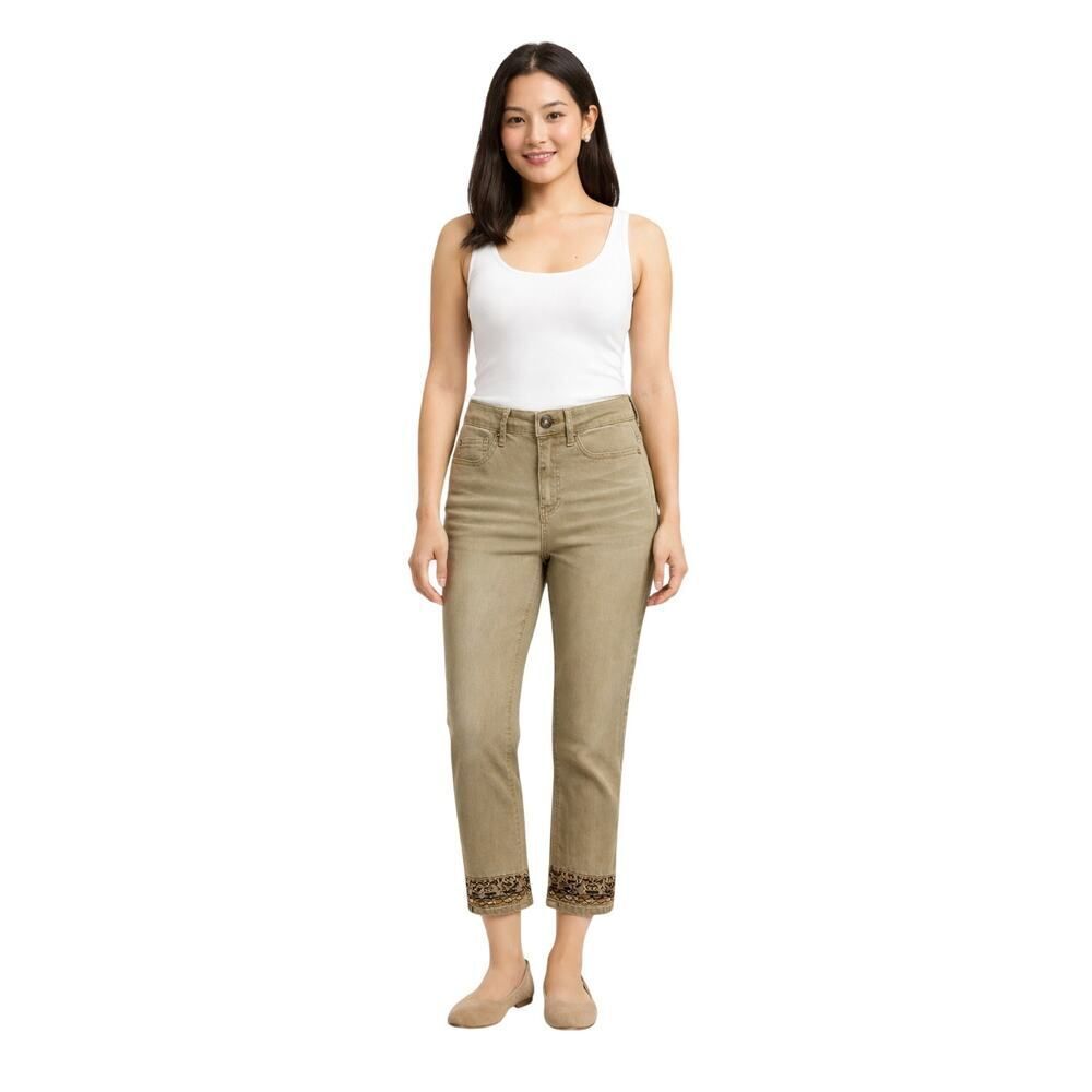 DESIGUAL Women’s Embroidery Detail Cropped Skinny Exotic Jeans Tan Size 36/2